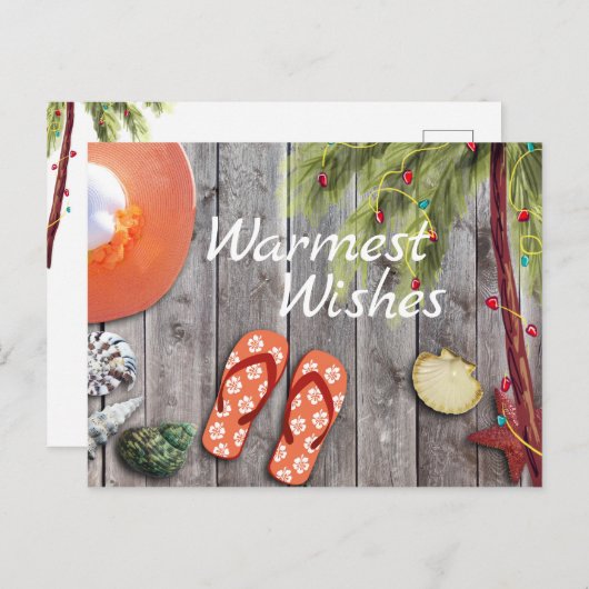 Teenslippers, palmboom, kerstverlichting strand feestdagenkaart (Voorkant / Achterkant)