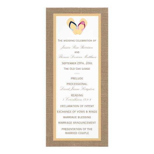Teenslippers Sandy Beach Burlap Trouwprogramma Reclamekaart (Voorkant)