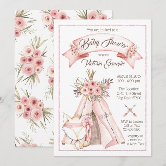 TeePee Fox Tribal Baby Girl Douche Uitnodigingen (Voorkant / Achterkant)