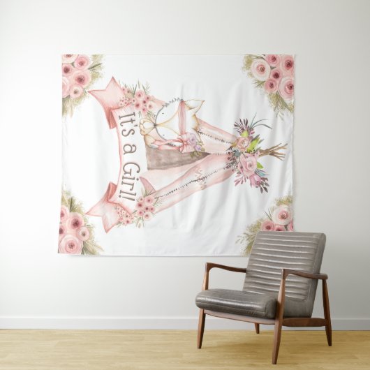 Teepee Fox Tribal Baby shower Achtergrond Wandkleed (In Situ (horizontaal))