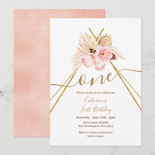 Teepee Pampas Grass 1st Birthday Kaart (Voorkant / Achterkant)