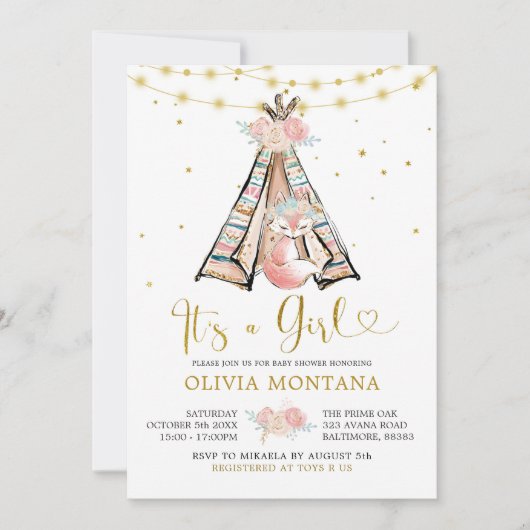 Teepee Pink Floral Fox Baby shower Uitnodiging (Voorkant)