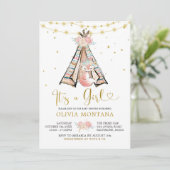 Teepee Pink Floral Fox Baby shower Uitnodiging (Staand voorkant)