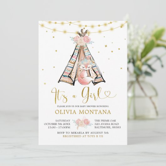 Teepee Pink Floral Fox Baby shower Uitnodiging (Staand voorkant)