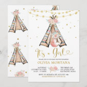 Teepee Pink Floral Fox Baby shower Uitnodiging (Voorkant / Achterkant)