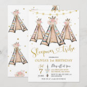 Teepee Pink Floral Girl Sleepover Party Invitation Kaart (Voorkant / Achterkant)