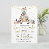 Teepee Pink Floral Girl Spa-Jama Party Uitnodiging (Staand voorkant)