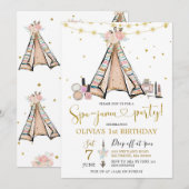 Teepee Pink Floral Girl Spa-Jama Party Uitnodiging (Voorkant / Achterkant)