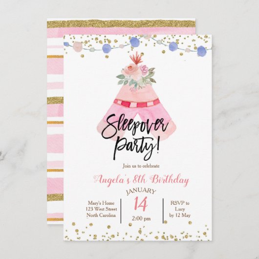 Teepee slaapfeest uitnodiging (Voorkant / Achterkant)