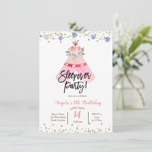 Teepee slaapfeest uitnodiging (Staand voorkant)