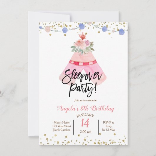 Teepee slaapfeest uitnodiging (Voorkant)