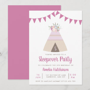 Teepee Slumber Party Girls Paarse Floral Birthday Kaart
