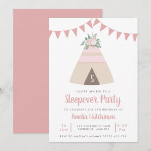 Teepee Slumber Party Girls Pink Floral Birthday Kaart