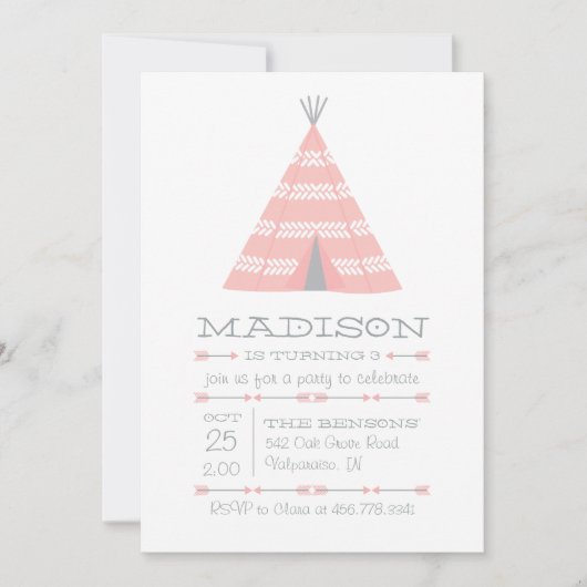 TeePee Tent Birthday Party Invite voor kinderen Kaart (Voorkant)
