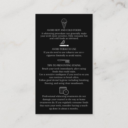 Teeth Whitening Aftercare Instruction Card Visitekaartje (Achterkant)
