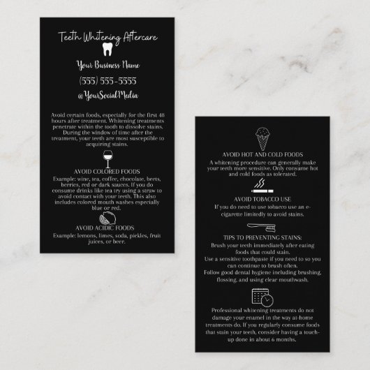 Teeth Whitening Aftercare Instruction Card Visitekaartje (Voorkant / Achterkant)
