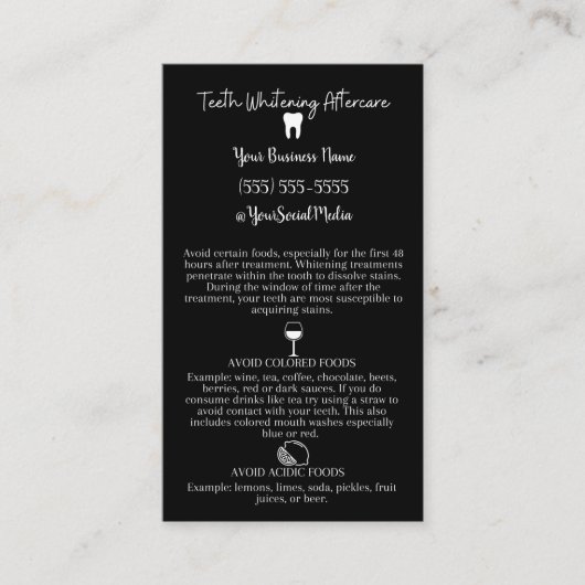 Teeth Whitening Aftercare Instruction Card Visitekaartje (Voorkant)