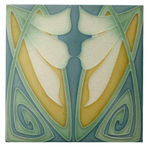 Tegel - Art Nouveau Blauwe Achtergrond Ivoren Bloe Tegeltje