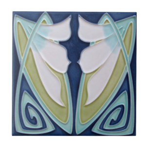 Tegel - Art Nouveau Blauwe Achtergrond Witte Bloem Tegeltje