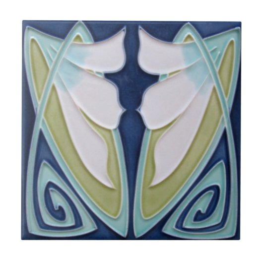 Tegel - Art Nouveau Blue Background White Flowers Tegeltje (Voorkant)