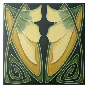 Tegel - Art Nouveau groene achtergrond ivoor bloem Tegeltje