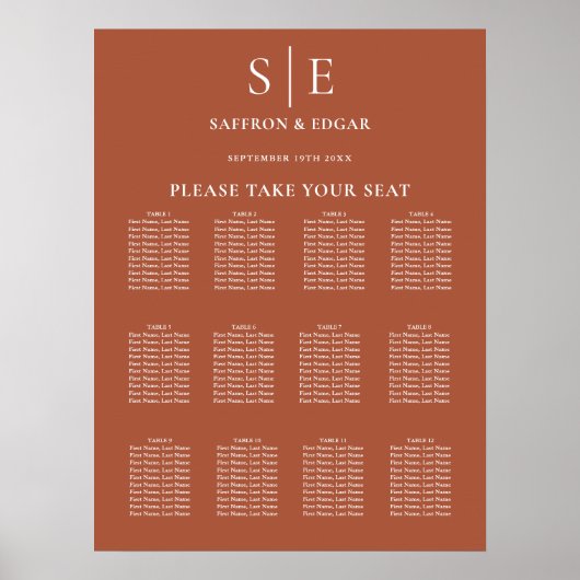 Tegel Bruin Elegant Monogram Trouw Stoelenplattegr Poster (Voorkant)