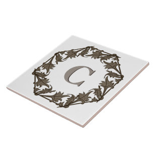 Tegel - Cirkel van bladeren met monogram Tegeltje