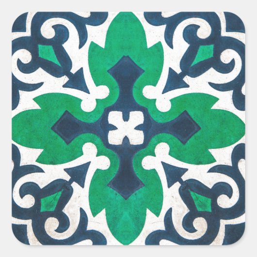 Tegel Damask Blue Green Swirl Vierkante Sticker (Voorkant)