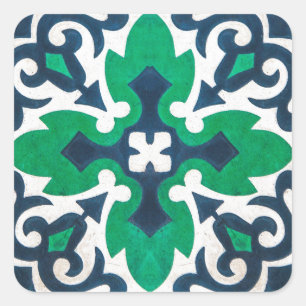 Tegel Damask Blue Green Swirl Vierkante Sticker