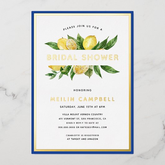 Tegel Lemon Vrijgezellenfeest goudolie Folie Uitnodiging (Voorkant)