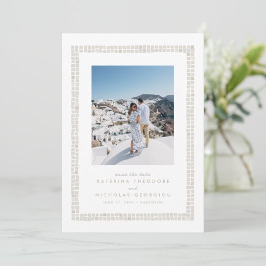 Tegel lijst eenvoudige beige bestemming bruiloft save the date (Staand voorkant)