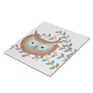 Tegel met Owl Print in Aqua & Brown Tegeltje