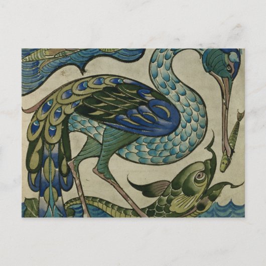 Tegel ontwerp van reiger en vis, door Walter Crane Briefkaart (Voorkant)