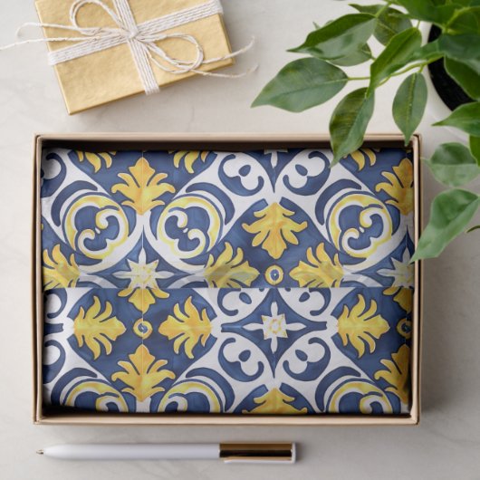  Tegel Patroon Blauw en Geel Decoupage Tissuepapier (Geschenk)