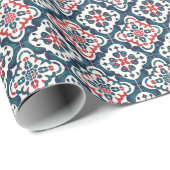 Tegel Patroon met Navy, Rode & Blauwgroen Bloemen  Cadeaupapier (Rol Hoek)