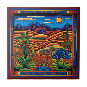 Tegel van de Mexicaanse Huichol-stijl landschap ke Tegeltje