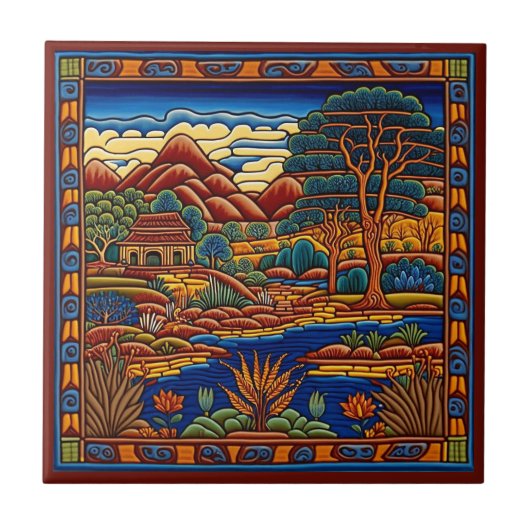 Tegel van de Mexicaanse Huichol-stijl, landschapsk Tegeltje (Voorkant)
