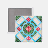 Tegel van rode en groene sierbloemen magneet (Voorkant / Achterkant)