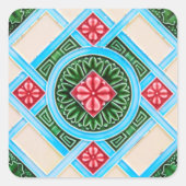 Tegel van rode en groene sierbloemen vierkante sticker (Voorkant)