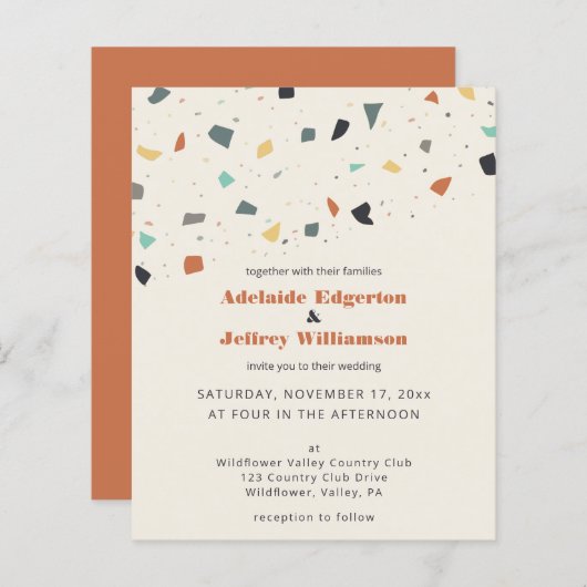 Tegel van Terrazzo Confetti Budget Wedding Invitat (Voorkant / Achterkant)