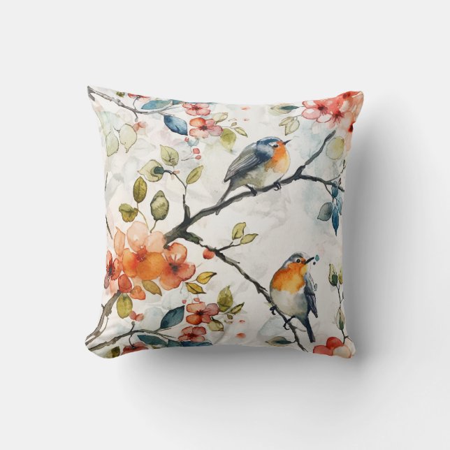 Tegel Waterverf vogelpatroon Kussen (Voorkant)