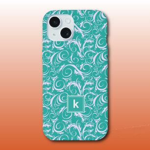 Tegelblauw Damast Patroon Monogram iPhone 15 Case