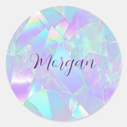 Tegelen & Paarse Iriserende Ontwerp, Script Naam Ronde Sticker (Voorkant)