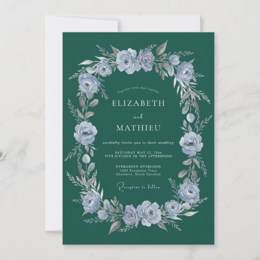 Tegelijk Stofblauw Bloemenslingers Bruiloft Kaart (Voorkant)