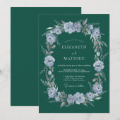 Tegelijk Stofblauw Bloemenslingers Bruiloft Kaart (Voorkant / Achterkant)