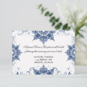 Tegelmarine in wit damast werveling bruiloft recep kaart (Staand voorkant)