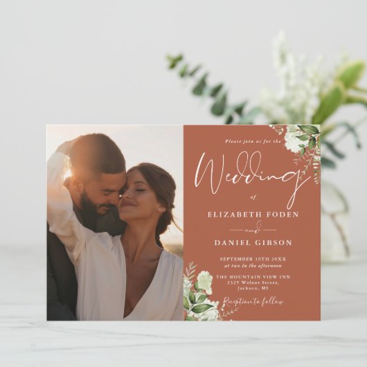 Tegels Groene Bloemen QR-code Foto Bruiloft Kaart (Staand voorkant)