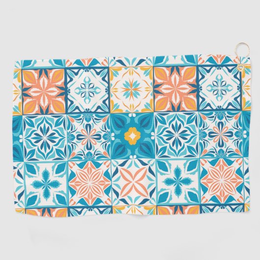  tegels in blauw en geel golfhanddoek (Horizontaal)