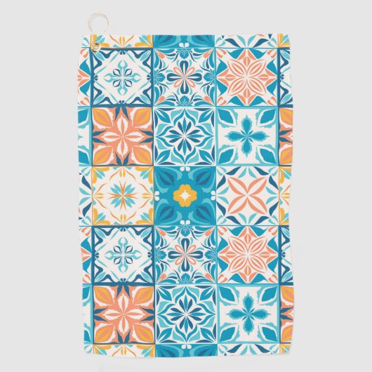  tegels in blauw en geel golfhanddoek (Voorkant)