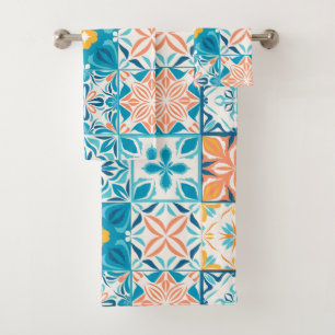 tegels in blauw en oranje bad handdoek
